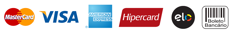 Mastercard, Visa, American Express, Hipercard, Elo, Boleto Bancário
